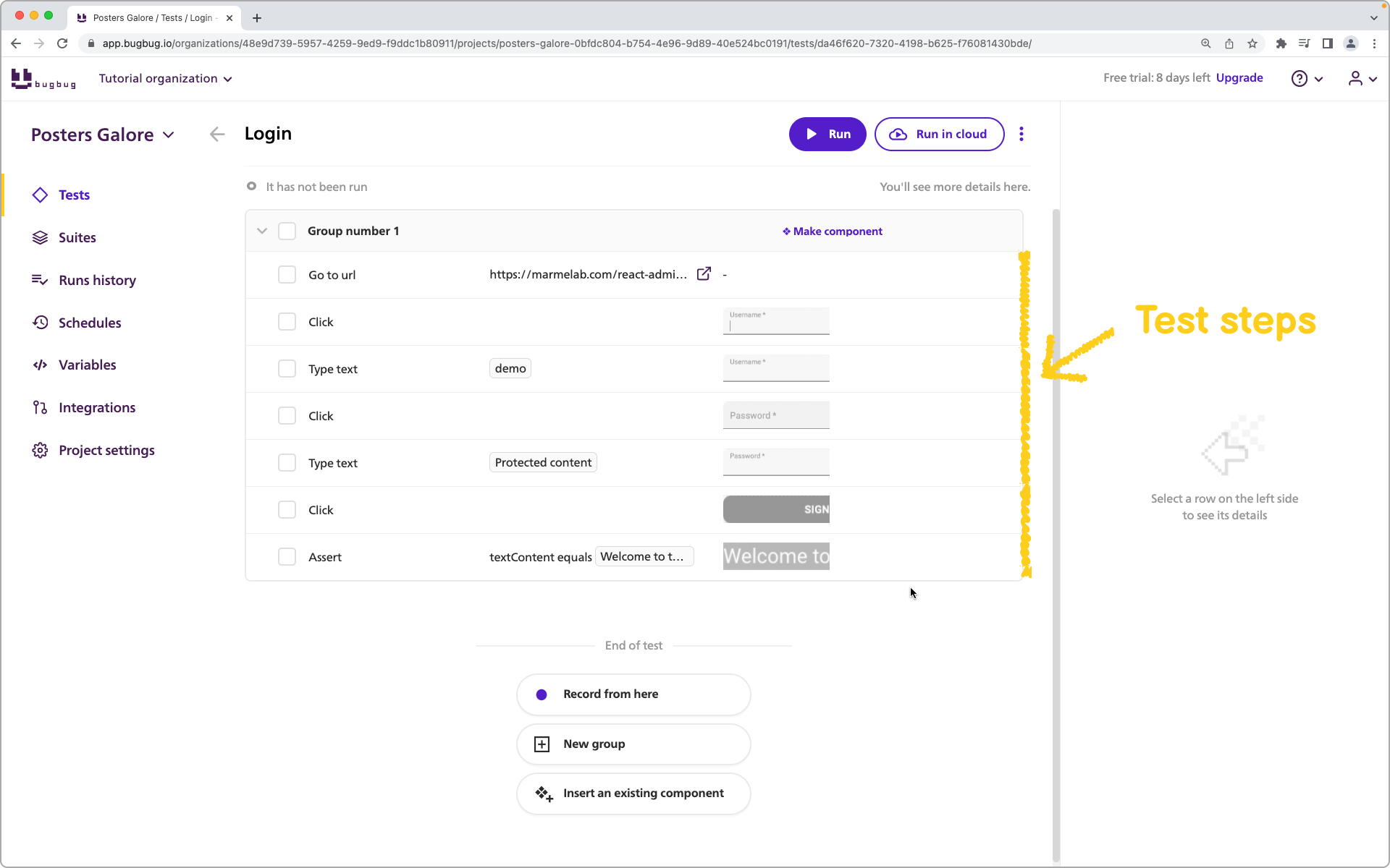 Test steps - part of an automated test case, created in BugBug testing tool.