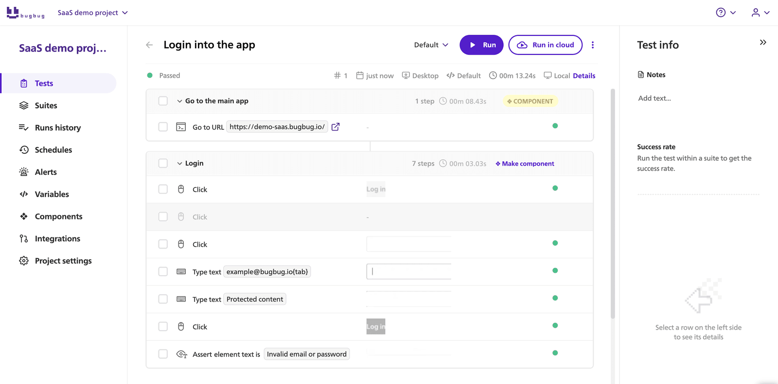 BugBug test editor showing a login test with ordered test steps