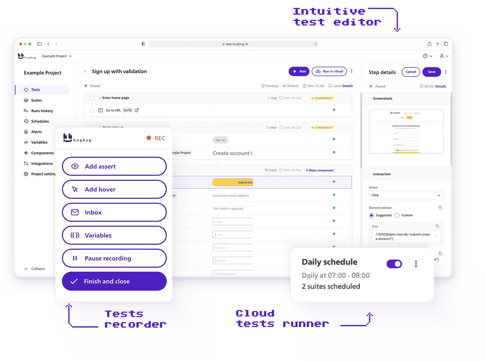BugBug no-code browser testing interface with recorder and test management views