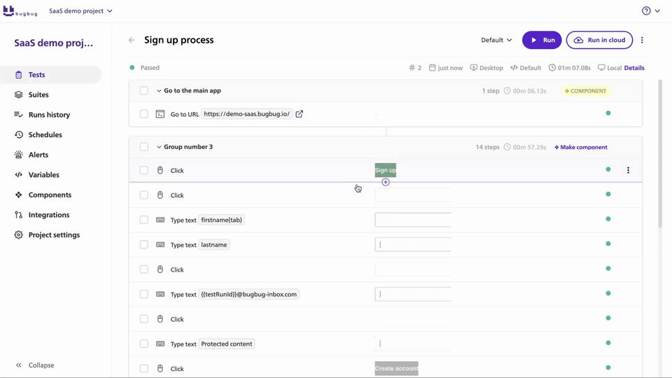 Recorded BugBug signup test running against the demo SaaS application