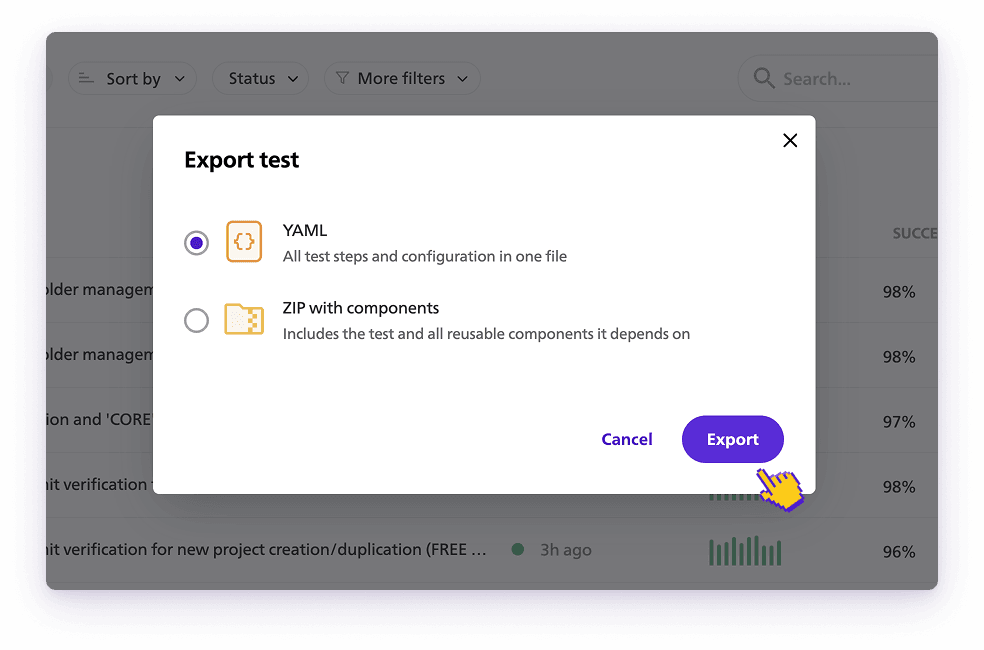 BugBug export dialog offering YAML and JavaScript export options