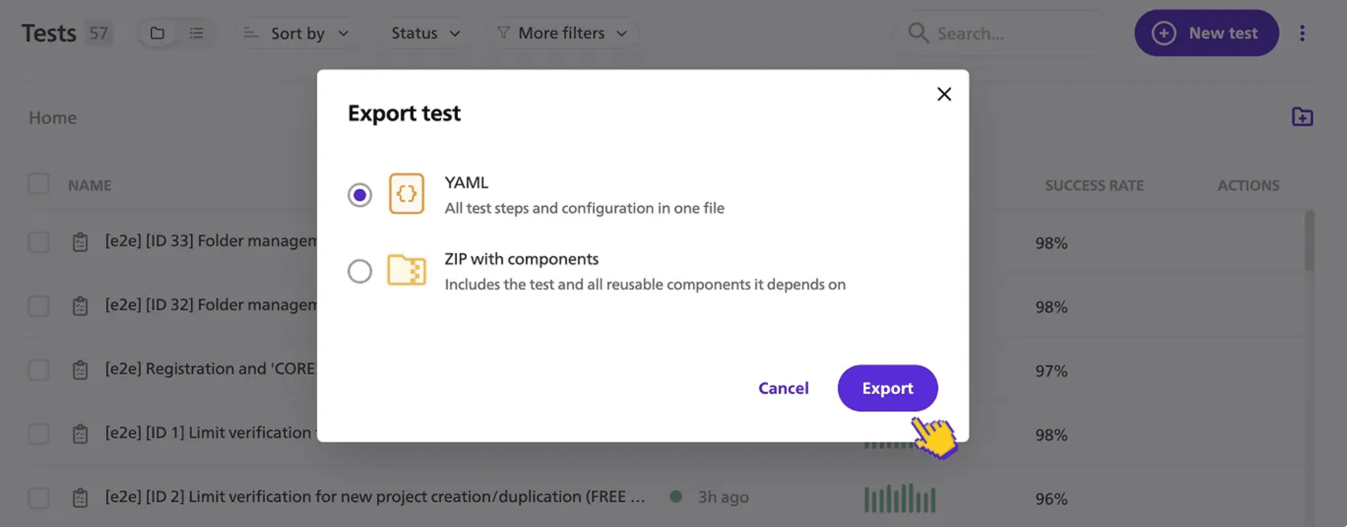 export test as yaml bugbug